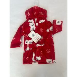 CELEBRITY BABY HOODED ROBE RED WITH POLAR BEARS AND SNOWFLAKES SIZE 0-6 MO